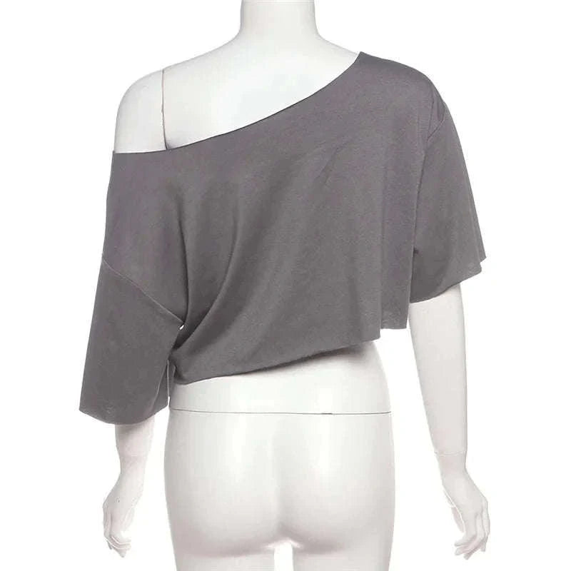 Oversized Off-Shoulder Graphic T-Shirt with Asymmetric Hem-Beige / S