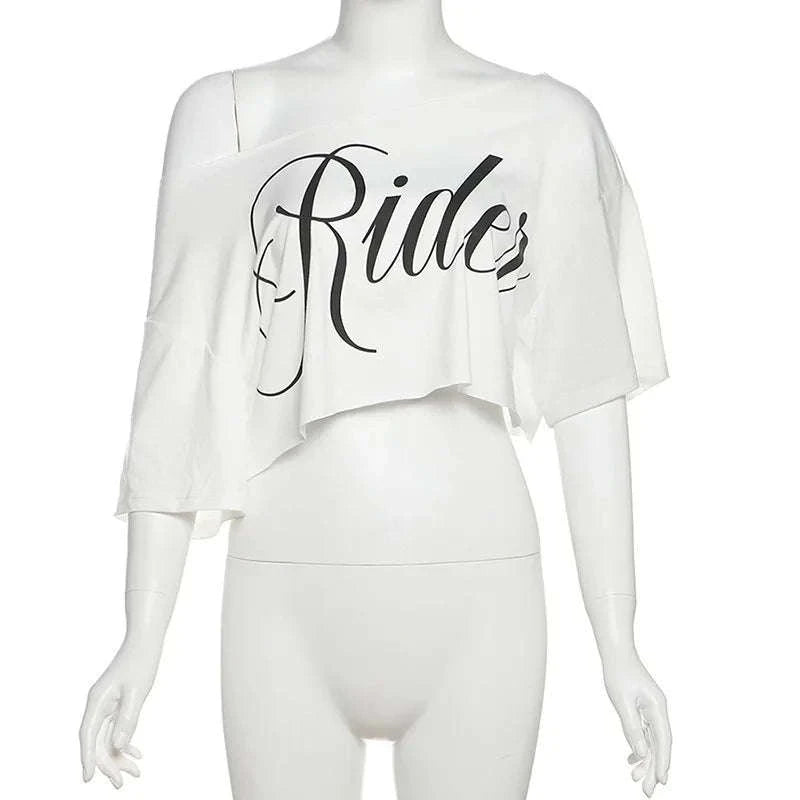Oversized Off-Shoulder Graphic T-Shirt with Asymmetric Hem-Beige / S