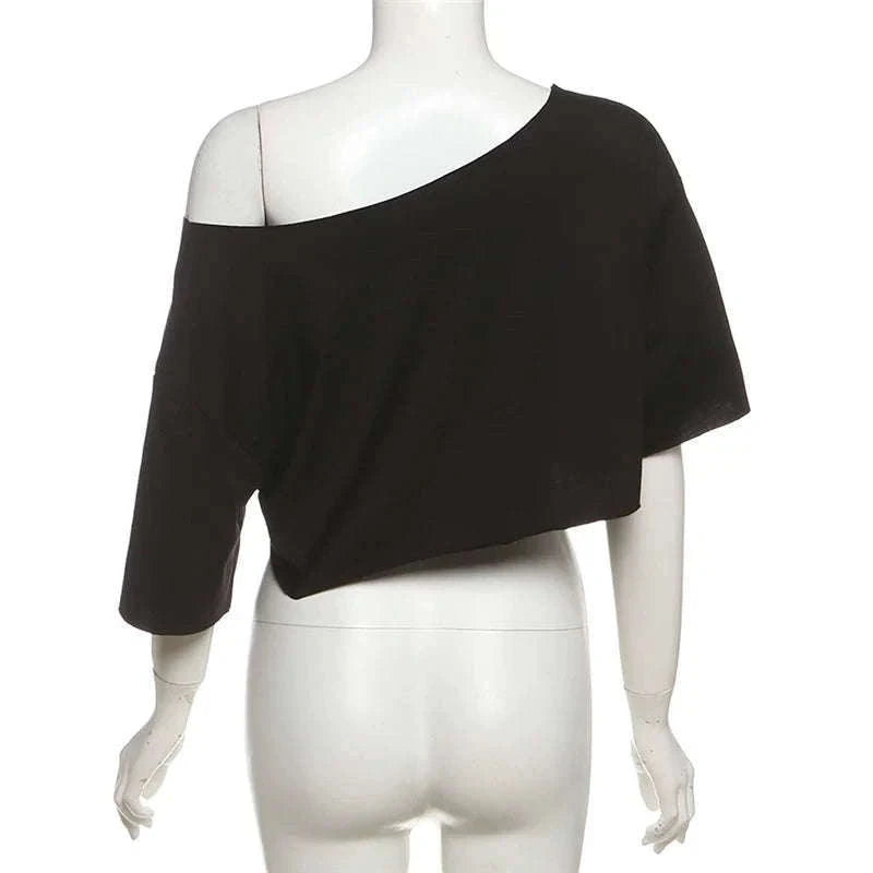 Oversized Off-Shoulder Graphic T-Shirt with Asymmetric Hem-Beige / S