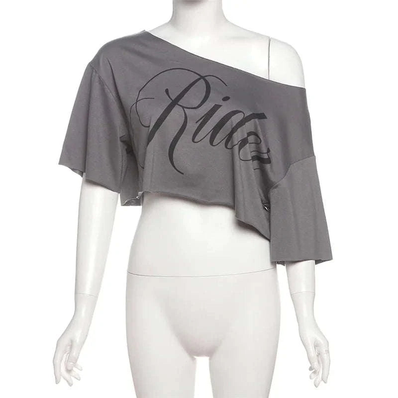 Oversized Off-Shoulder Graphic T-Shirt with Asymmetric Hem-Beige / S