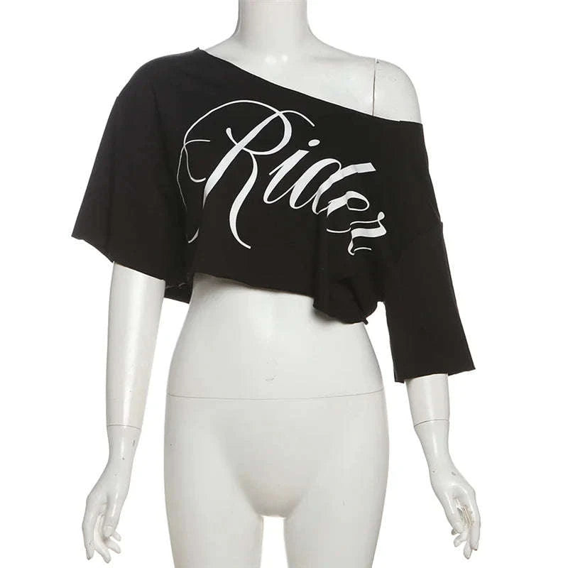 Oversized Off-Shoulder Graphic T-Shirt with Asymmetric Hem-Beige / S