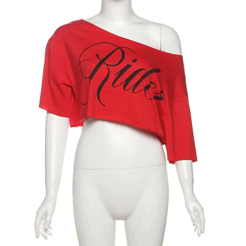 Oversized Off-Shoulder Graphic T-Shirt with Asymmetric Hem-Beige / S