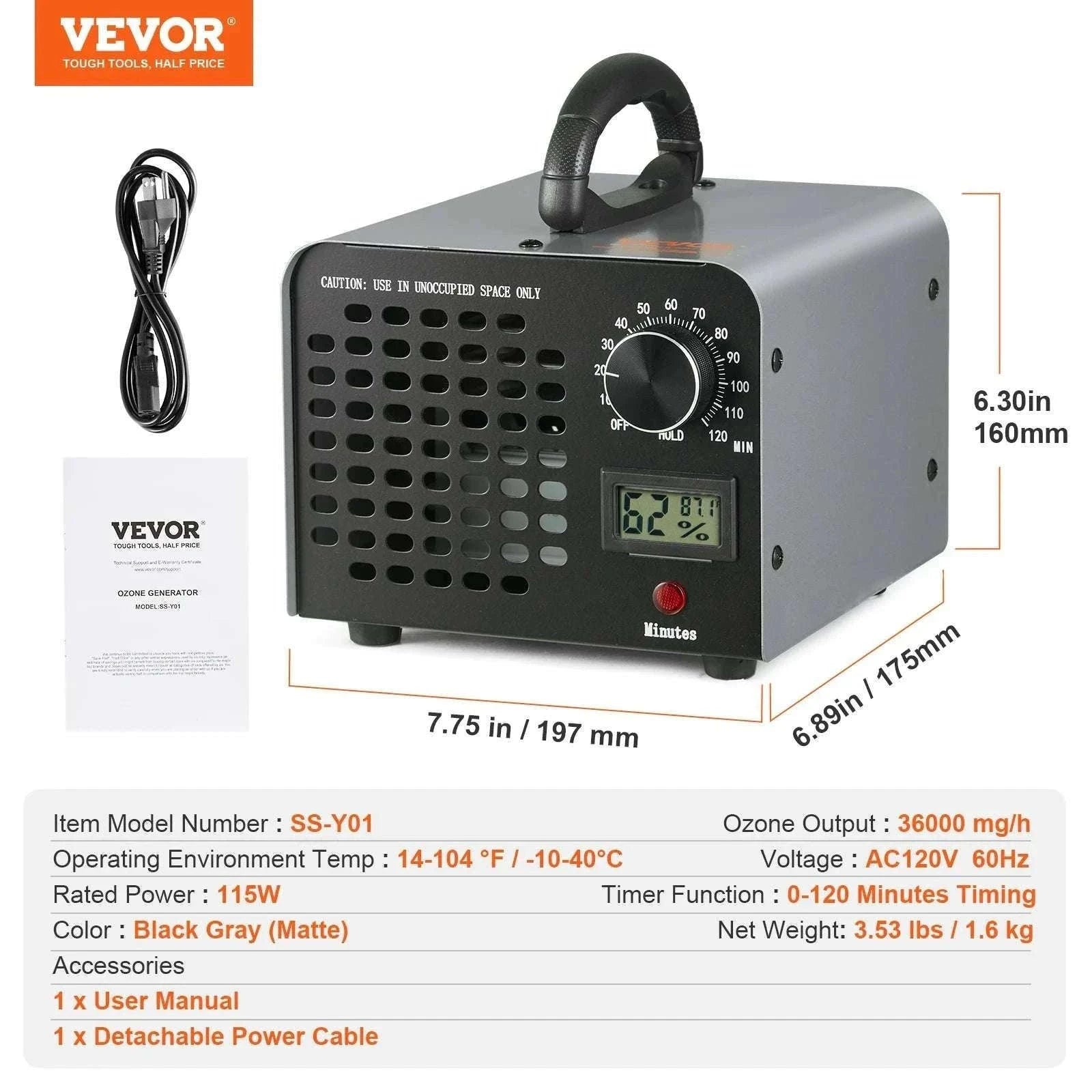 Ozone Generator 24000 mg/h High Capacity Odor Remover with Timer-24000mg / United States