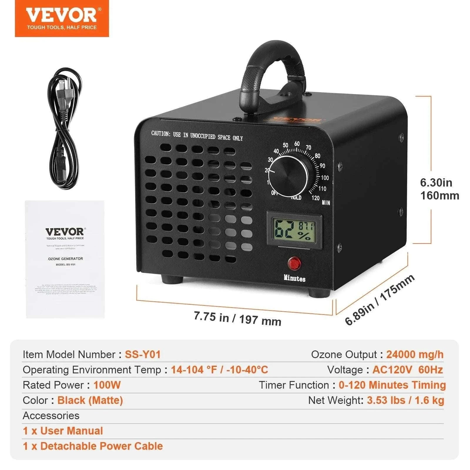 Ozone Generator 24000 mg/h High Capacity Odor Remover with Timer-24000mg / United States