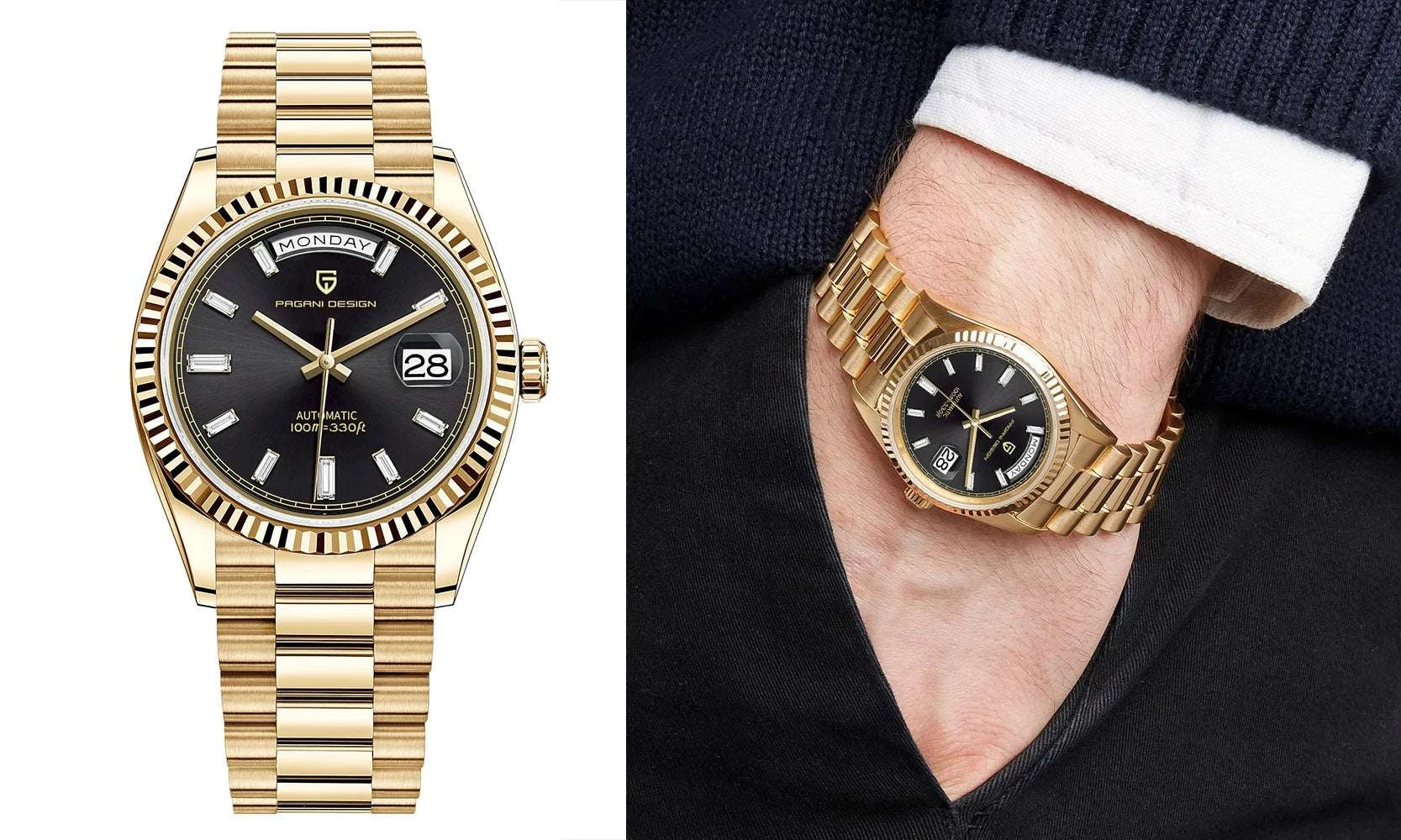 Pagani Design 36mm Automatic Watch Sapphire Steel 10Bar-Rose Gold Black / United States