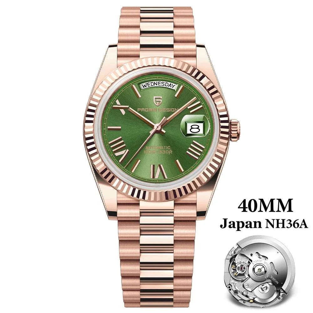 Pagani Design Automatic Gold Watch 40MM Sapphire Steel Waterproof-Rose Gold Green / Italy