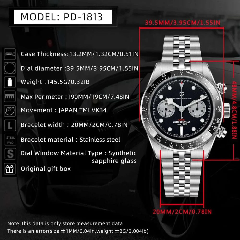 Pagani Design BB Panda Chronograph Watch Stainless Steel 100M-White / United States