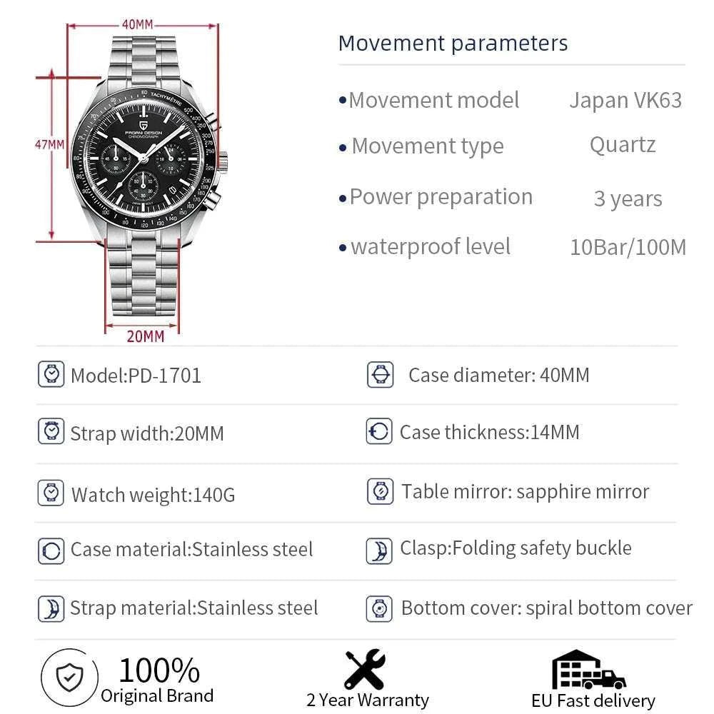 Pagani Design Chronograph Men’s Watch Sapphire Quartz 100M Water-Black / france
