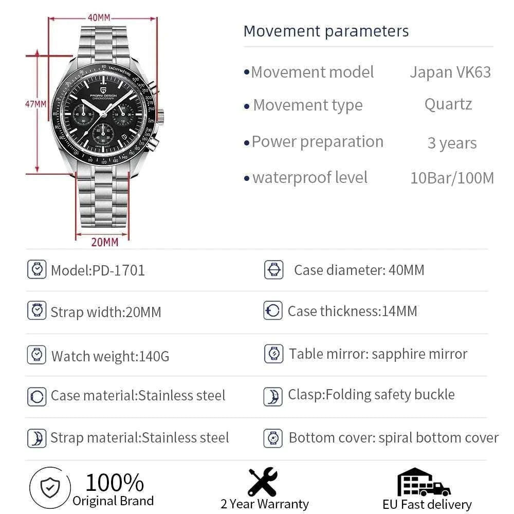 Pagani Design Chronograph Men’s Watch Sapphire Quartz 100M Water-Black / france