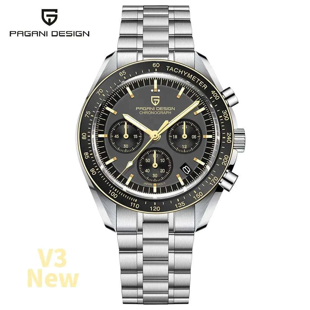 Pagani Design Chronograph Quartz Watch Men's Sapphire Steel 100M-Black Panda / United States