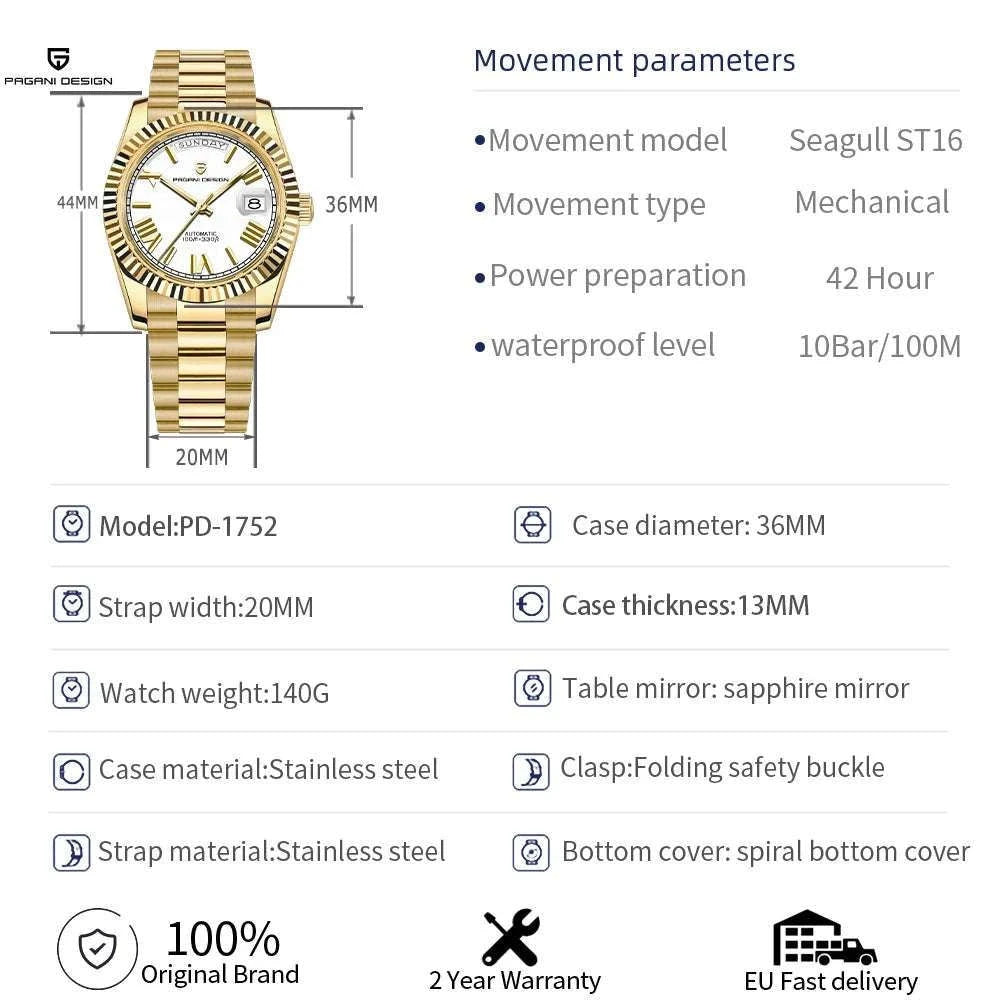 Pagani Design DD36 36mm Automatic Watch with Day-Date Sapphire-Gold White / 36MM / spain