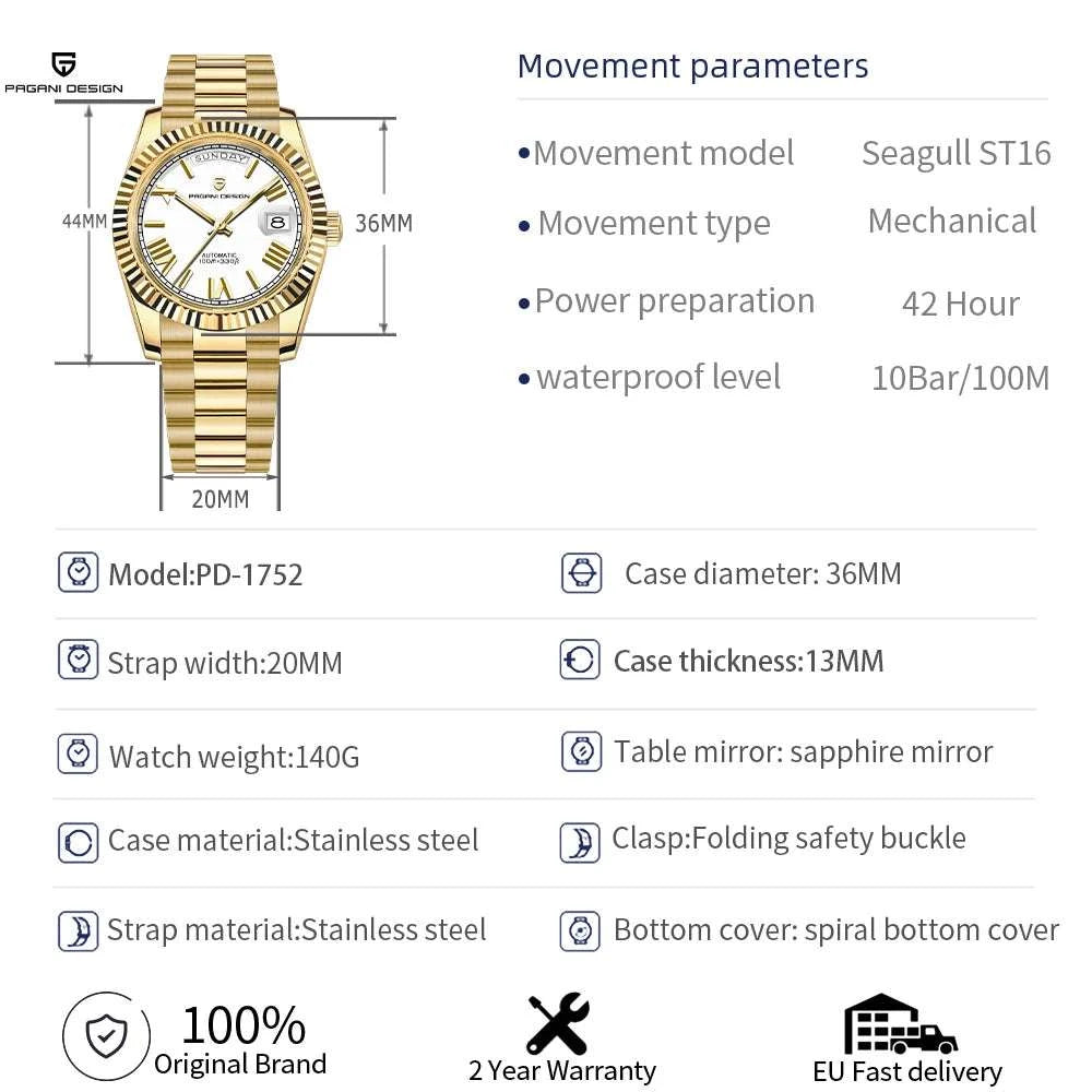 Pagani Design DD36 36mm Automatic Watch with Day-Date Sapphire-Gold White / 36MM / spain