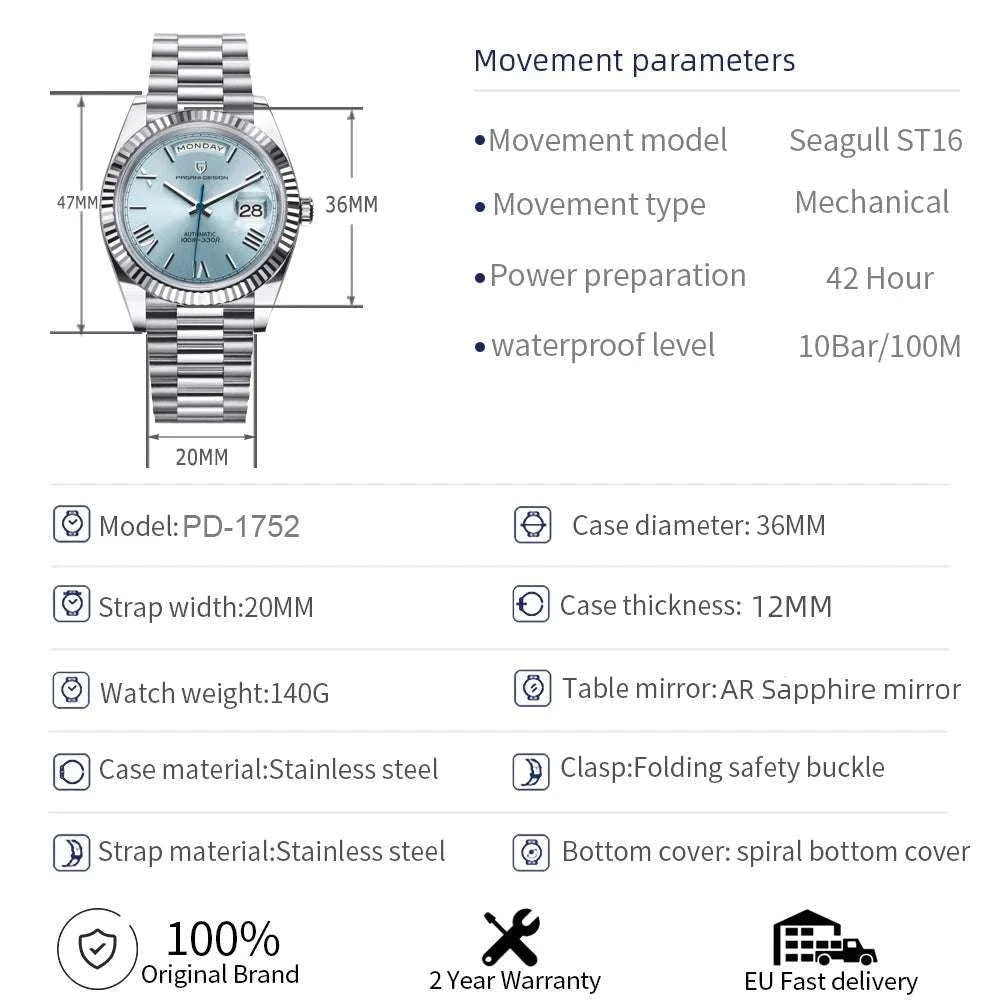 Pagani Design DD36 36mm Automatic Watch with Day-Date Sapphire-Gold White / 36MM / spain