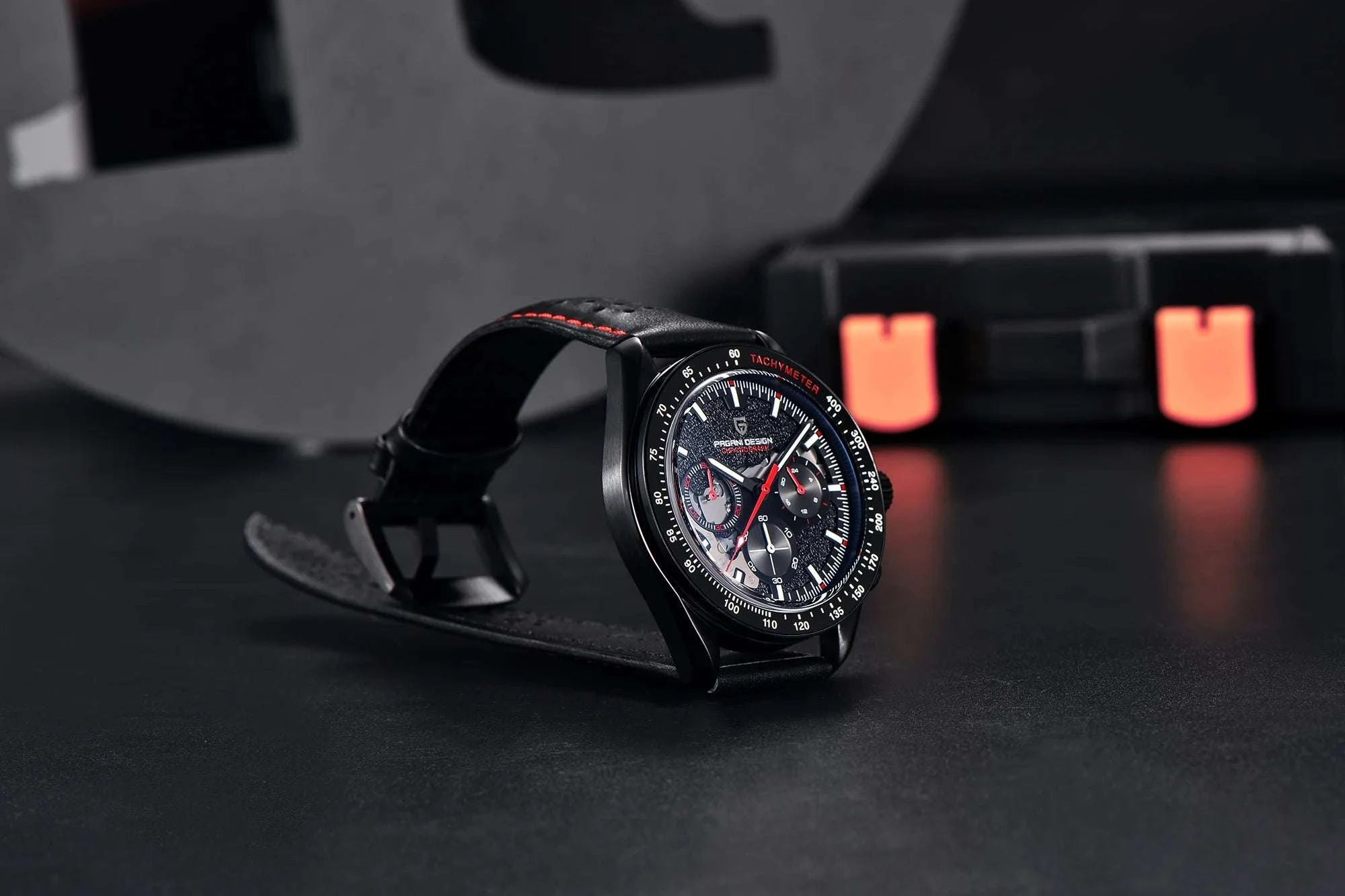 Pagani Design Moon Dark Chronograph Watch AR Sapphire 100M-Red / france