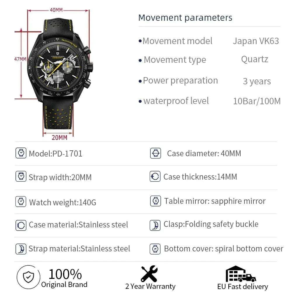 Pagani Design Moon Dark Chronograph Watch AR Sapphire 100M-Red / france