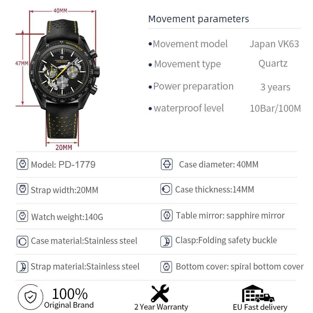 Pagani Design Moon Dark Chronograph Watch AR Sapphire 100M-Red / france