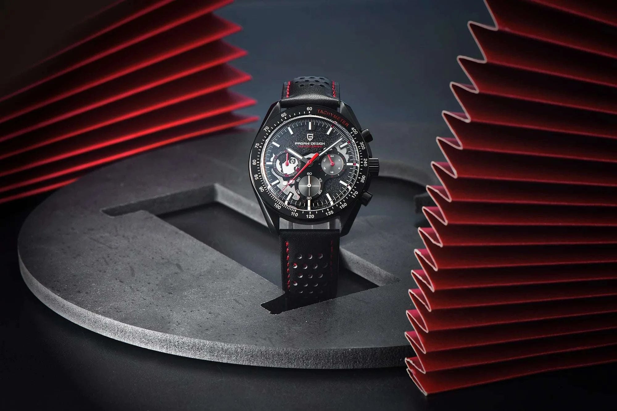 Pagani Design Moon Dark Chronograph Watch AR Sapphire 100M-Red / france