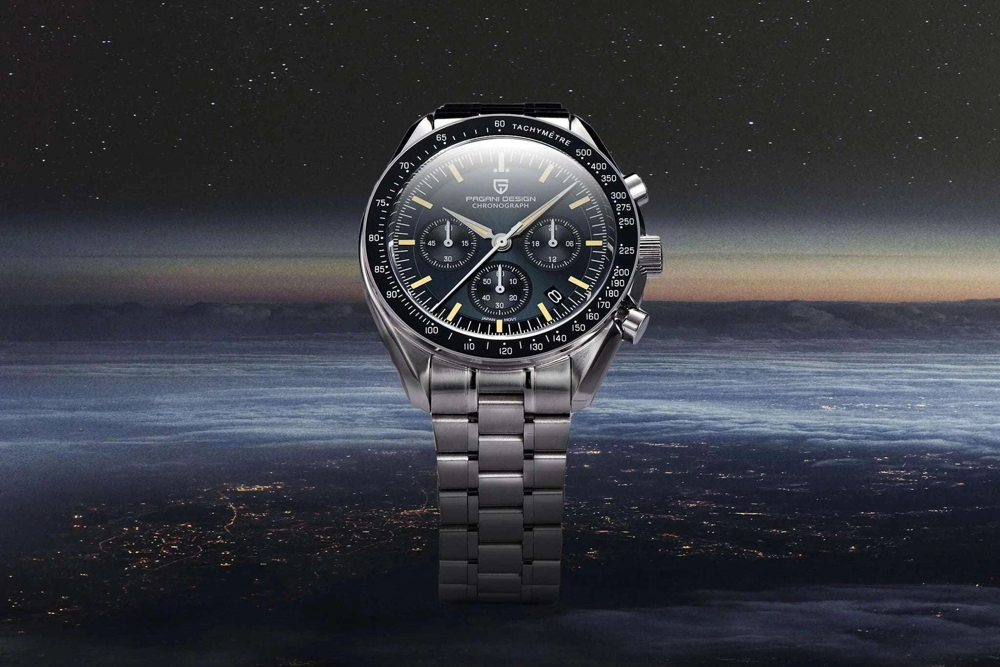 Pagani Design Moonwatch Chronograph Quartz Men's Steel Watch-Classic Black / United States