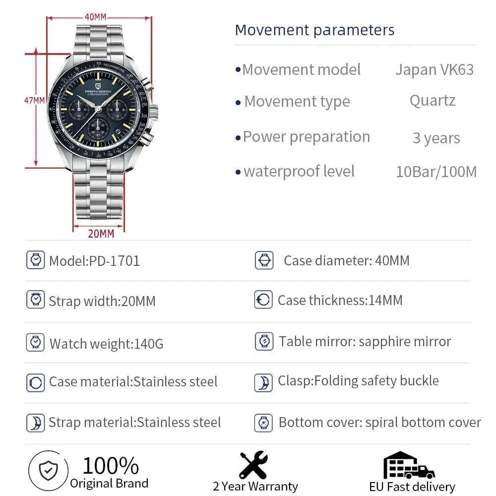 Pagani Design Moonwatch Chronograph Quartz Men's Steel Watch-Classic Black / United States