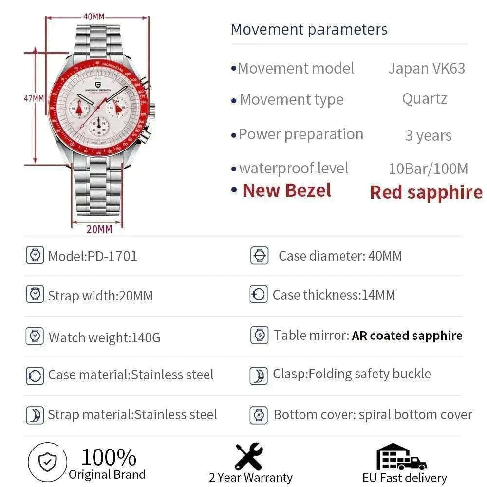 Pagani Design PD-1701 Chronograph Watch Sapphire 100M Waterproof-Gold / GERMANY