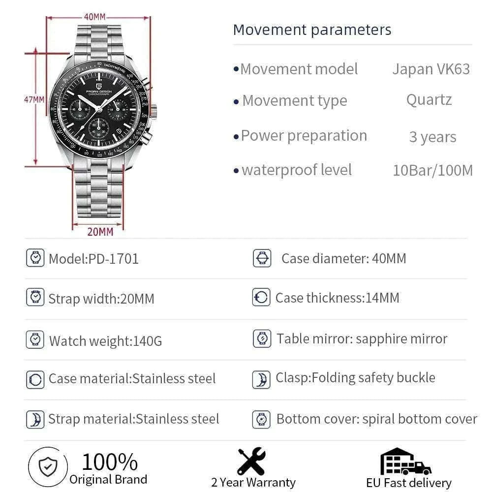 Pagani Design PD-1701 Chronograph Watch Sapphire 100M Waterproof-Gold / GERMANY