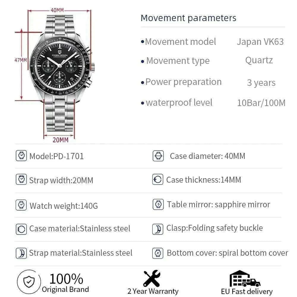 Pagani Design PD-1701 Chronograph Watch Sapphire 100M Waterproof-Gold / GERMANY