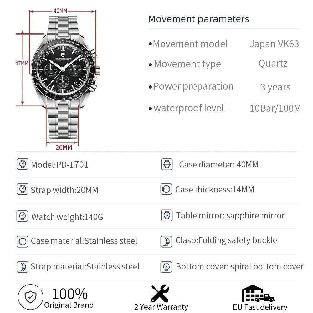 Pagani Design PD-1701 Chronograph Watch Sapphire 100M Waterproof-Gold / GERMANY