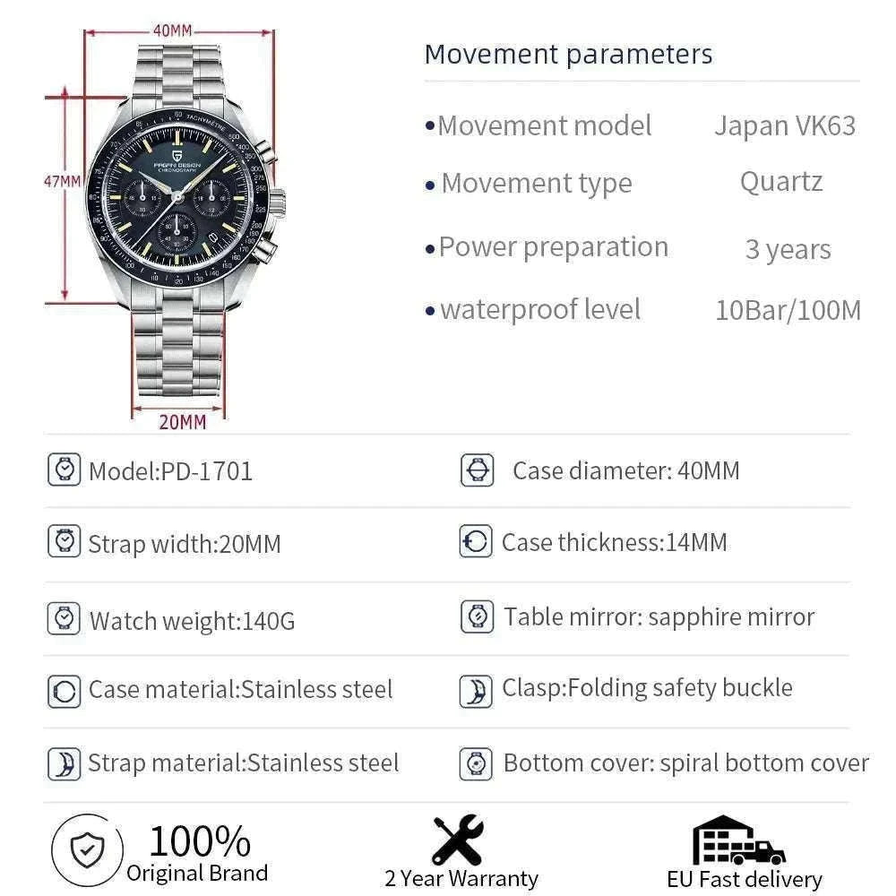 Pagani Design PD1701 Moonwatch Chronograph Steel Quartz Watch-Ice Blue / spain