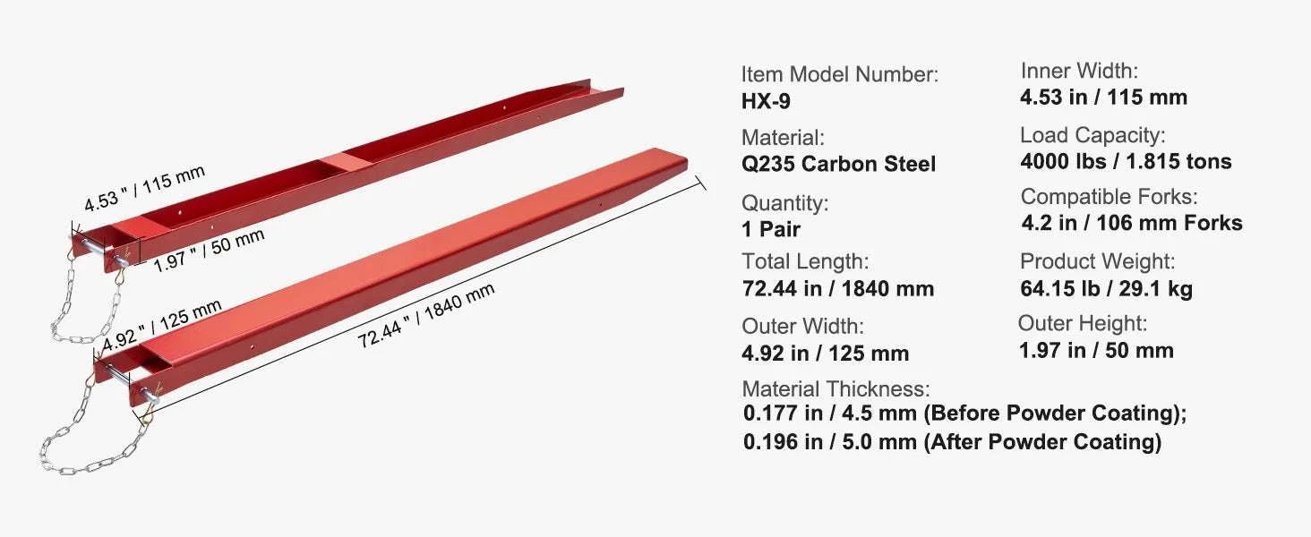 Pallet Fork Extensions 72''/82'' Steel Sleeves with Pins for Forklifts-72inch / CZECH REPUBLIC