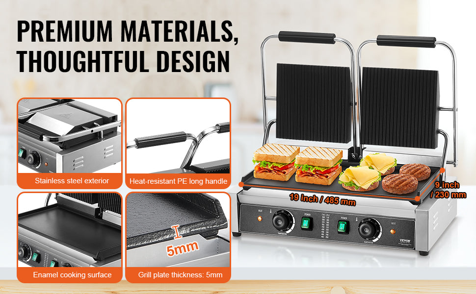 Ipari 3600W-os panini grill hőmérséklet-szabályozással és 19x9 cm-es felülettel
