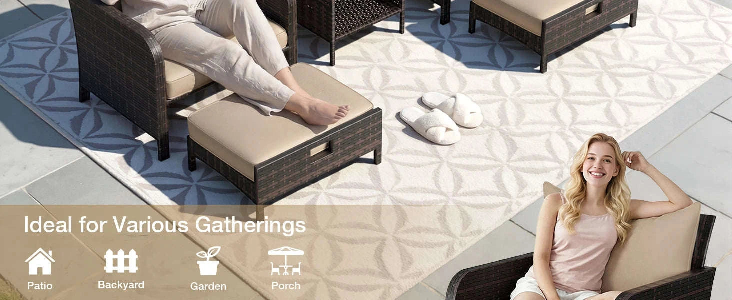 Patio 5 Piece Conversation Furniture Set with Ottomans and Glass Side Table-United States / Khaki
