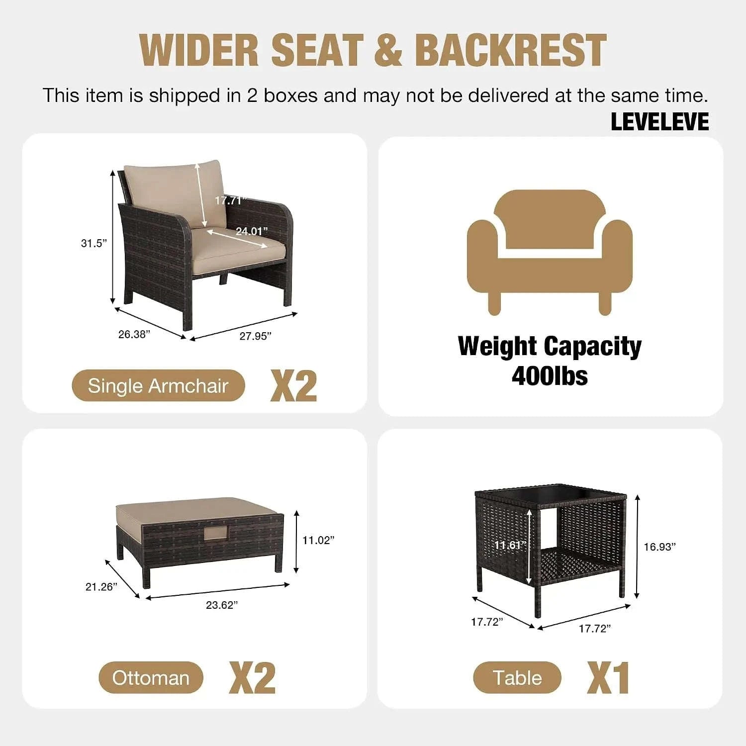 Patio 5 Piece Conversation Furniture Set with Ottomans and Glass Side Table-United States / Khaki