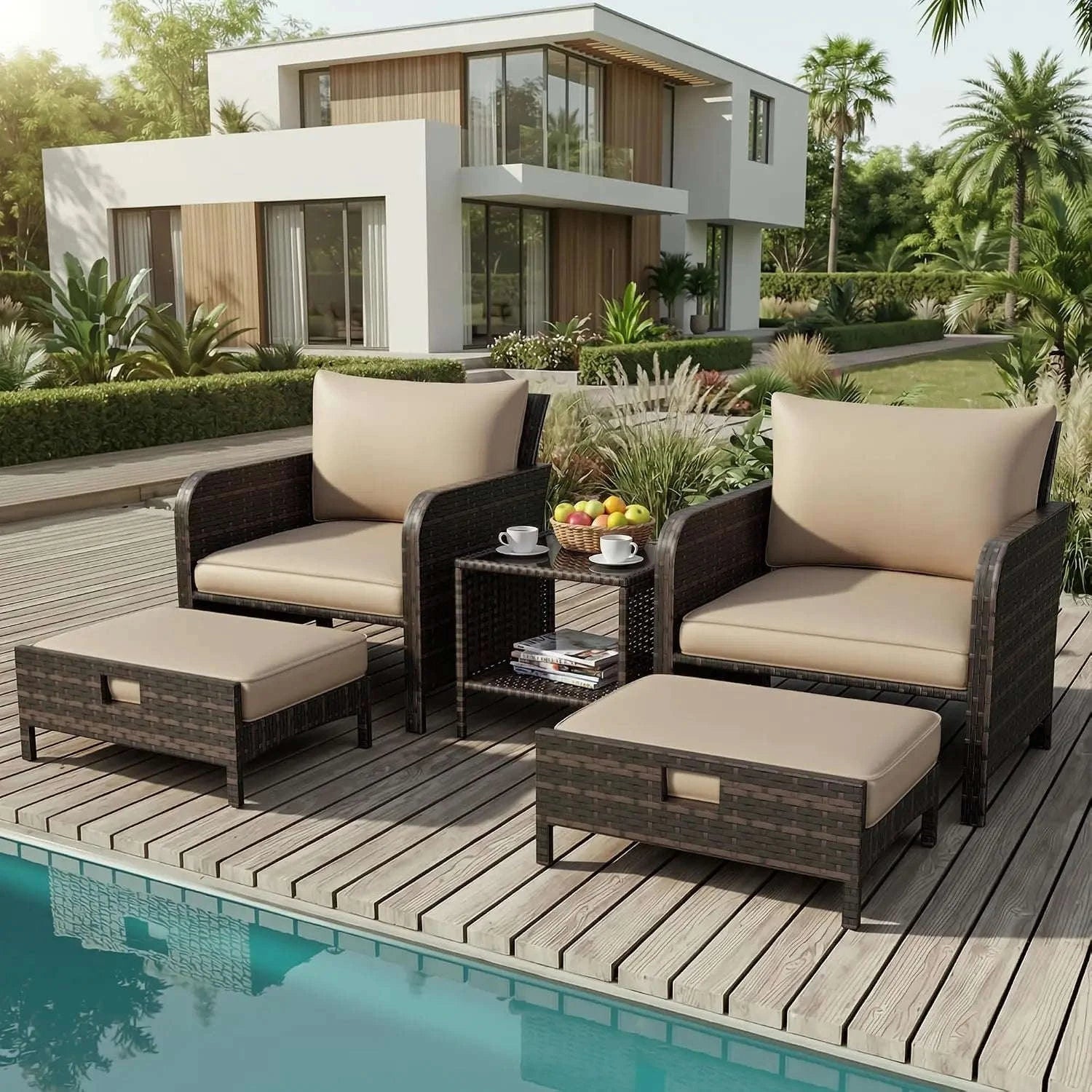 Patio 5 Piece Conversation Furniture Set with Ottomans and Glass Side Table-United States / Khaki