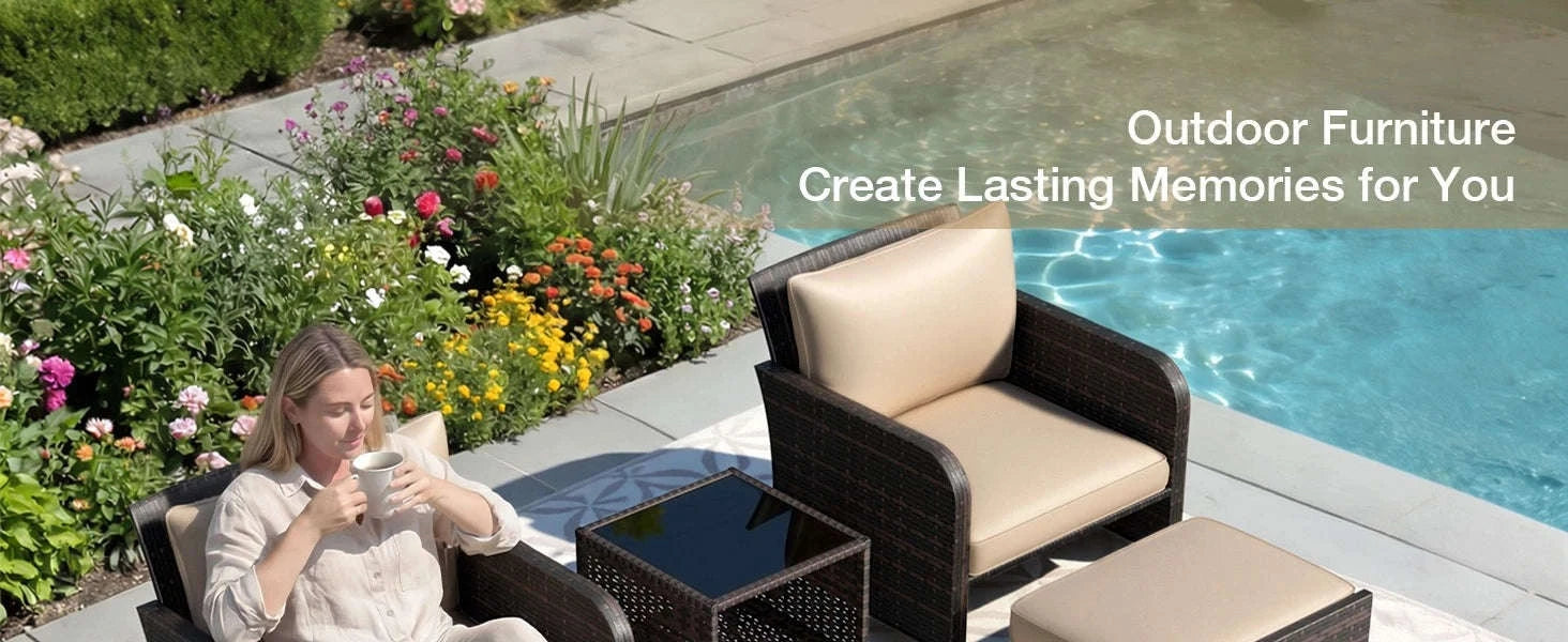 Patio 5 Piece Conversation Furniture Set with Ottomans and Glass Side Table-United States / Khaki