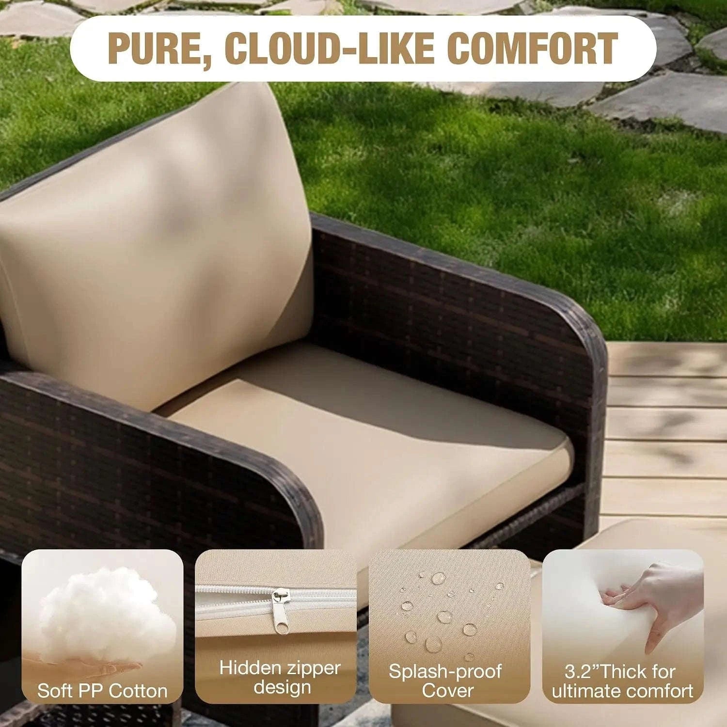 Patio 5 Piece Conversation Furniture Set with Ottomans and Glass Side Table-United States / Khaki