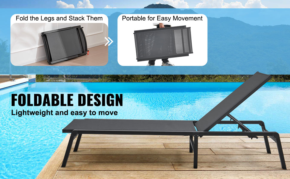 SucceBuy Chaise Lounge Chair Outdoor Aluminum Patio LoungeFolding Pool Lounge Recliner Full Flat for Patio Beach Pool Dark Grey