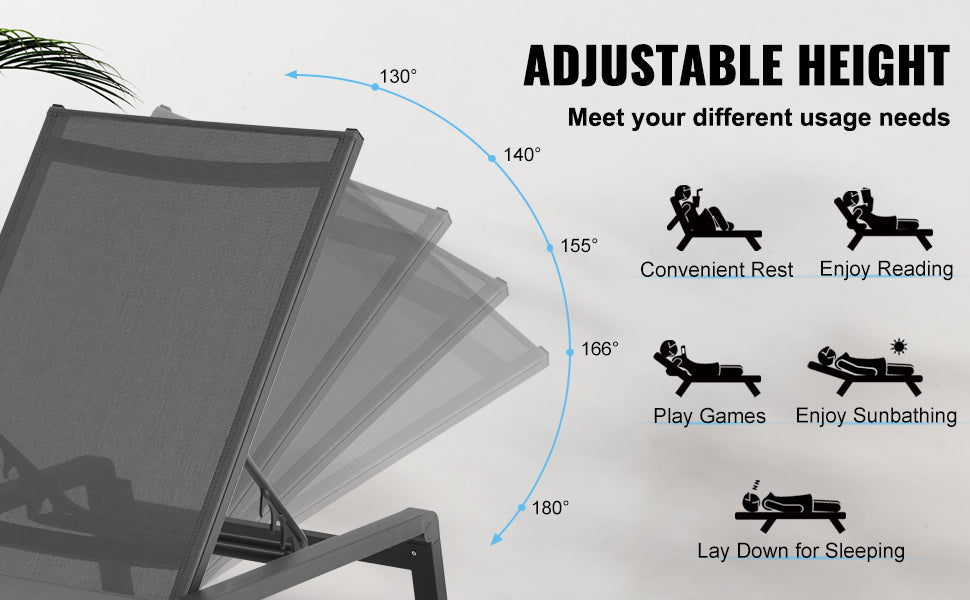 SucceBuy Chaise Lounge Chair Outdoor Aluminum Patio LoungeFolding Pool Lounge Recliner Full Flat for Patio Beach Pool Dark Grey