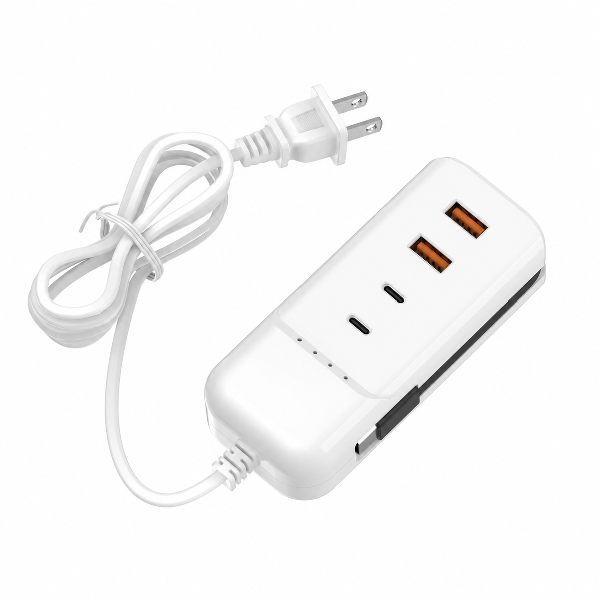 White four-port charger with US plug on white background