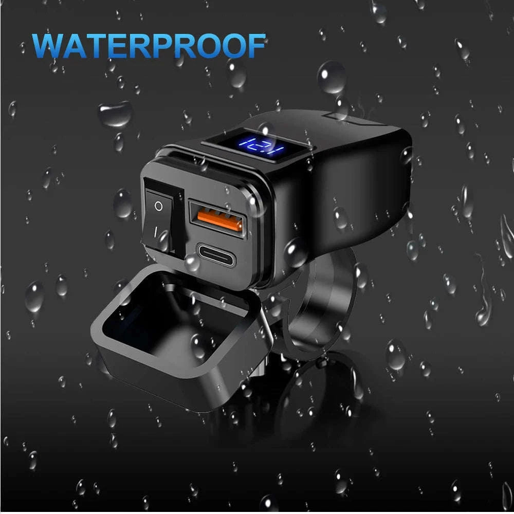 PD+QC3.0 Motorcycle USB Fast Charger with Dual Ports and Voltmeter-PD Voltmeter