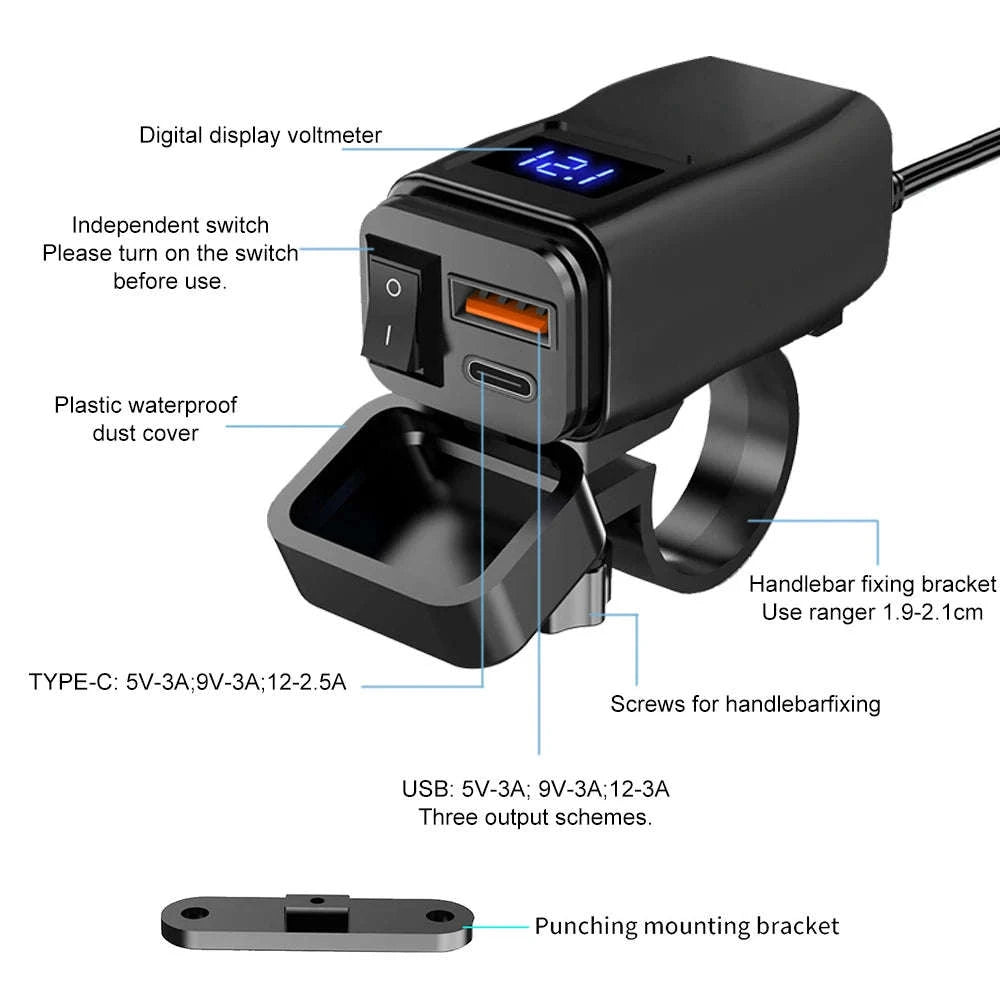 PD+QC3.0 Motorcycle USB Fast Charger with Dual Ports and Voltmeter-PD Voltmeter