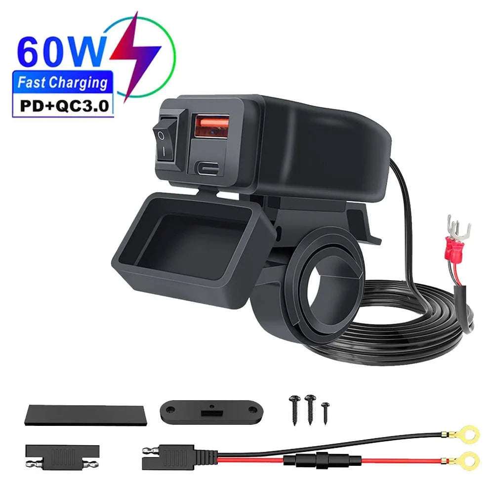 PD+QC3.0 Motorcycle USB Fast Charger with Dual Ports and Voltmeter-PD Voltmeter