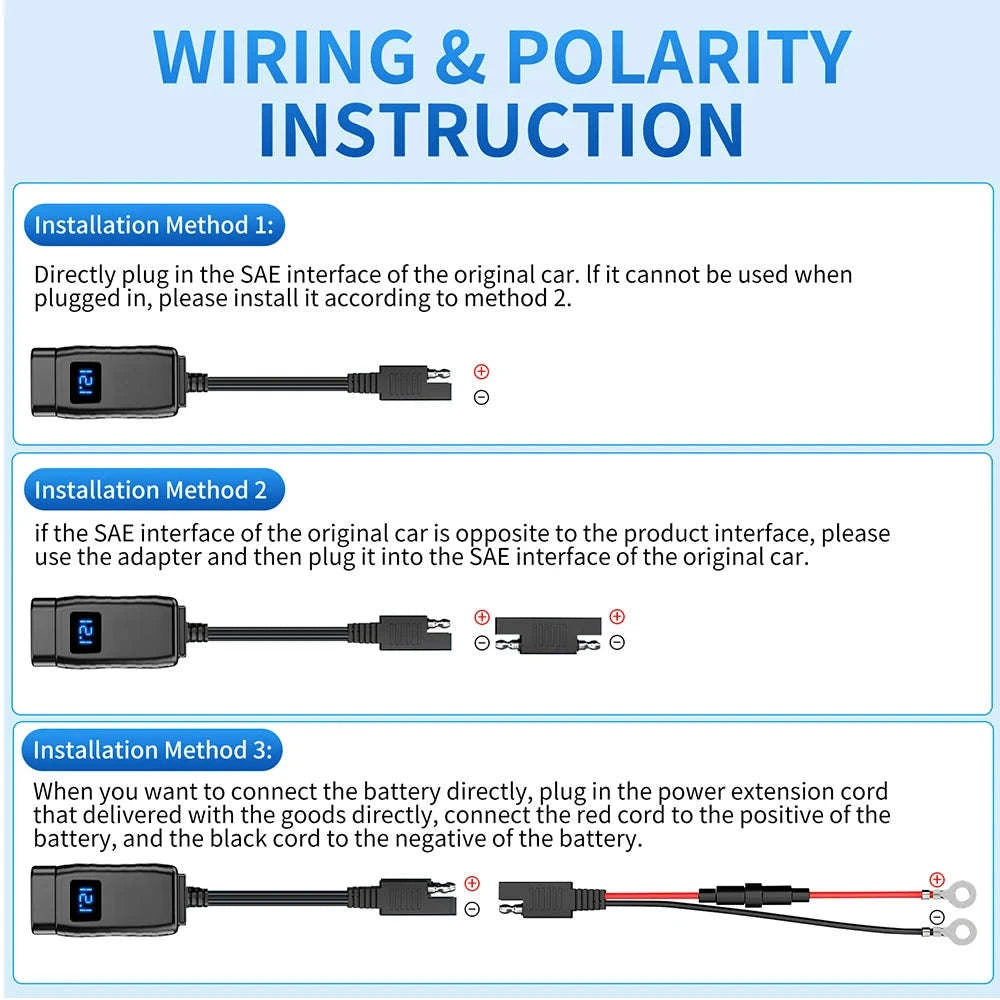 PD+QC3.0 Motorcycle USB Fast Charger with Dual Ports and Voltmeter-PD Voltmeter