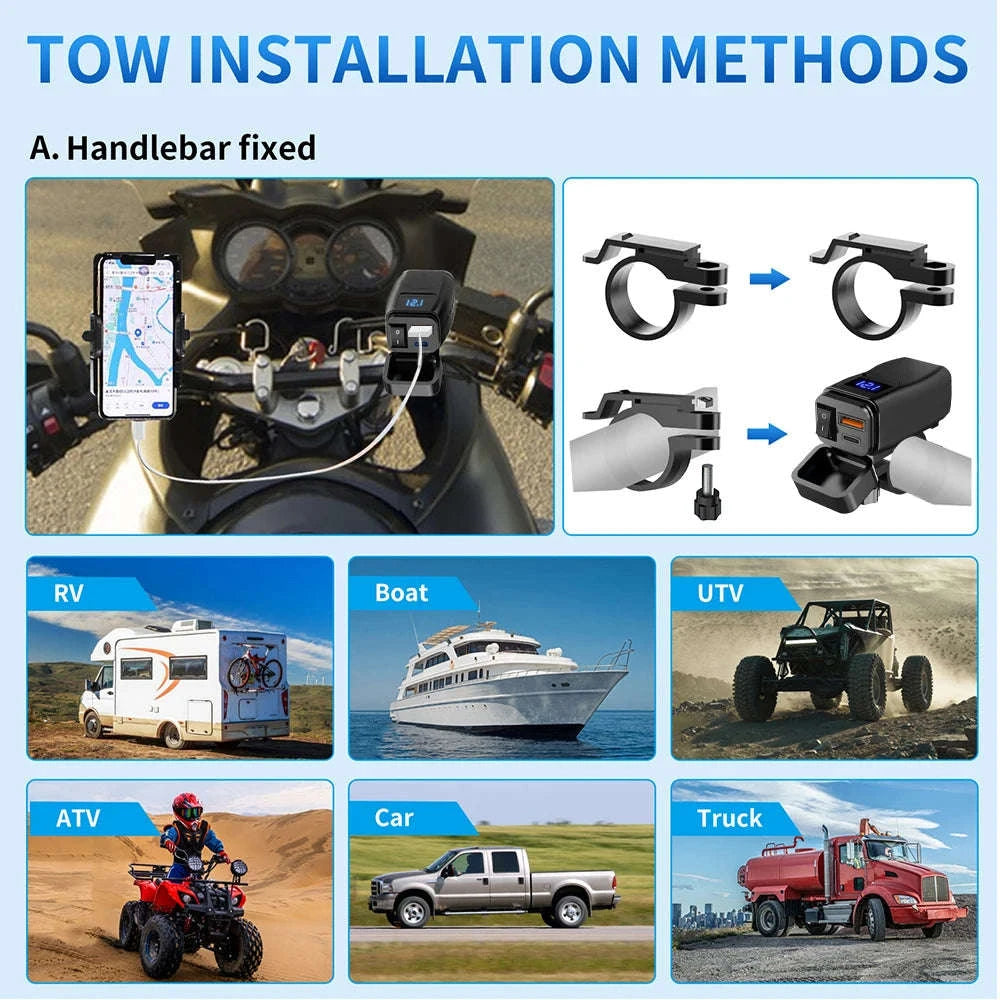 PD+QC3.0 Motorcycle USB Fast Charger with Dual Ports and Voltmeter-PD Voltmeter