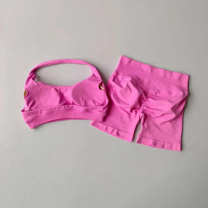 Peach Sports Bra & Shorts Set-LightPink / S