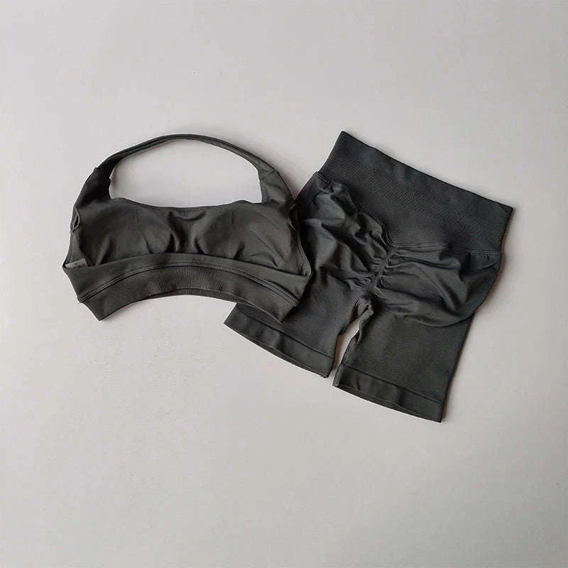 Peach Sports Bra & Shorts Set-LightPink / S