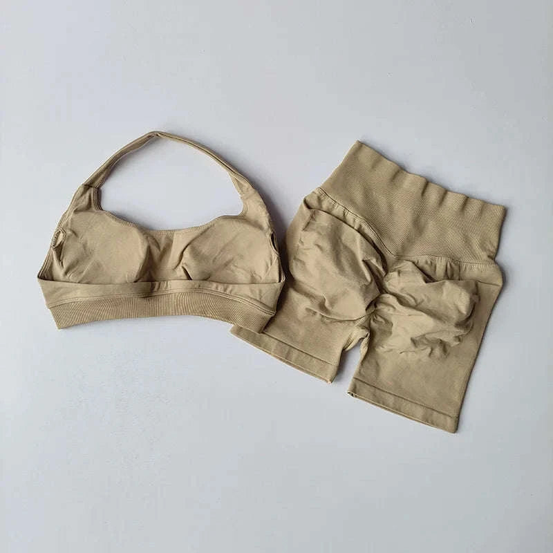 Peach Sports Bra & Shorts Set-LightPink / S