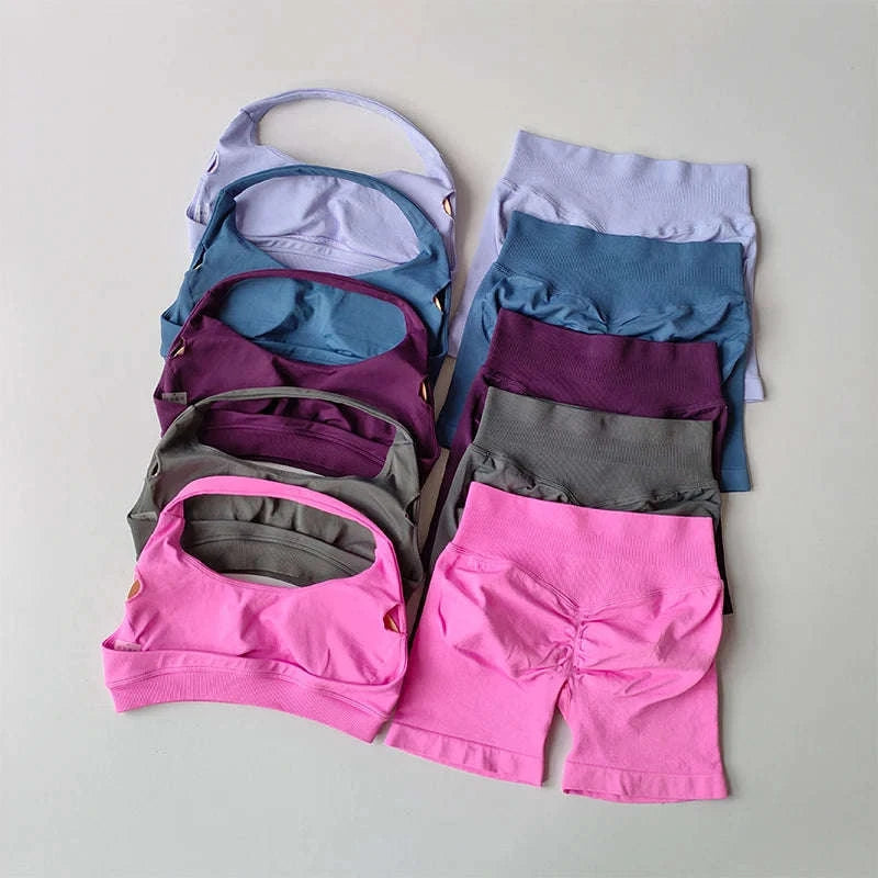 Peach Sports Bra & Shorts Set-LightPink / S