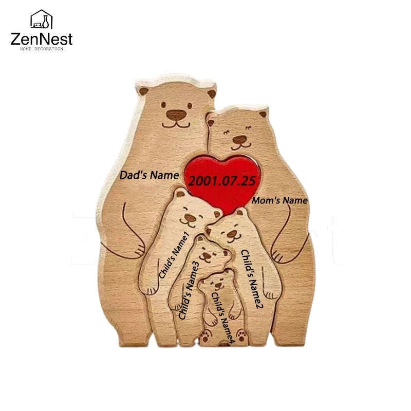 Personalized Wooden Bear Family Puzzle Custom Name Home Decor Gift-2 members / Customized