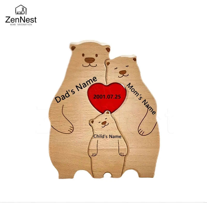 Personalized Wooden Bear Family Puzzle Custom Name Home Decor Gift-2 members / Customized
