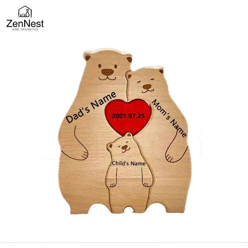 Personalized Wooden Bear Family Puzzle Custom Name Home Decor Gift-2 members / Customized